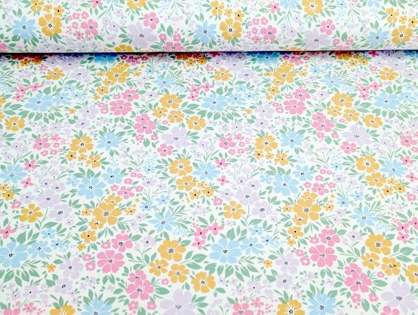Baumwolljersey Pastell Blumenwiese Cremeweiss